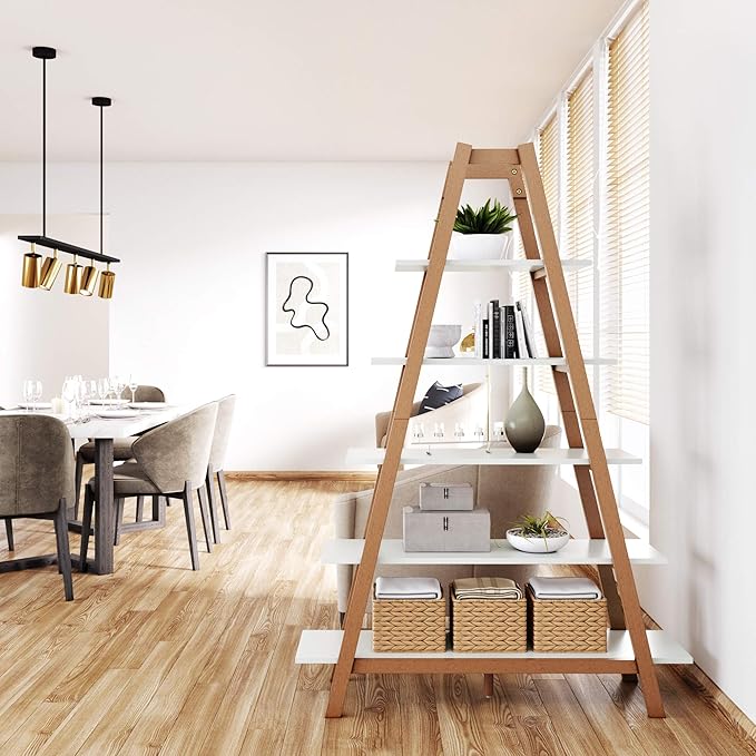 Nathan James 62201 Carlie 5-Shelf Ladder Bookcase, Display or Decorative Storage Rack with White and Rove Brown Wooden Ladder Shelves
