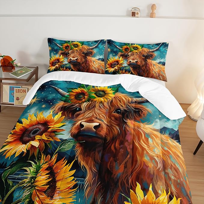 HOSIMA Highland Cow Comforter Set,Western Farmhouse Animals Cow and Sunflower Print Bedding Set 3Pcs with 2 Pillowcases,Galaxy Star Moon Queen Comforter Set,Floral Wild Animal Room Decor.