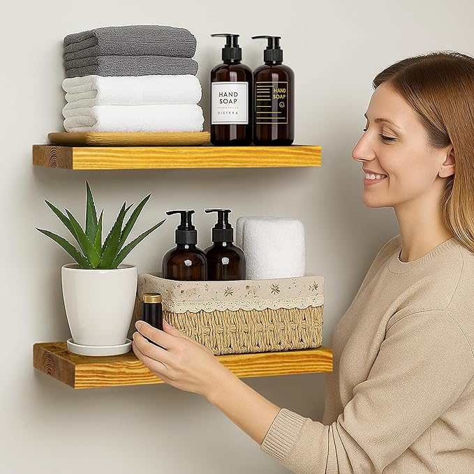 BGMG Wood Floating Shelves for Wall 16 inch Set of 2, Rustic Wooden Wall Mount Shelves for Living Room Bedroom Kitchen Farmhouse-16x6.7x1.25 inch- Gold Oak