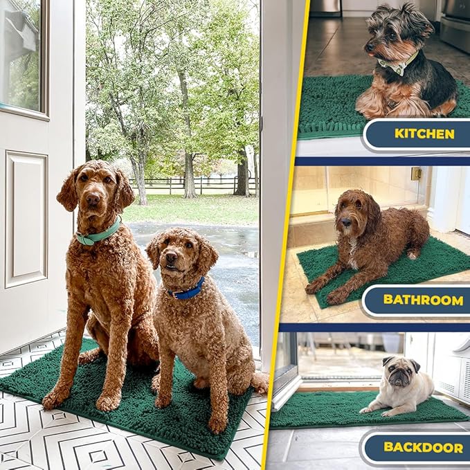 Muddy Mat® Shown on TV – Super Absorbent Microfiber Dog Door Mat for Muddy Paws, Non-Slip Washable Pet Rug, Quick Dry Chenille Entryway Carpet, Machine Washable Indoor Outdoor mat, Dark Green 35"x24"