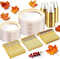 bUCLA 300Pcs Clear Gold Plastic Disposable Dinnerware Set - Clear Plates with Gold Trim Include 50 Dinner / 50 Dessert Plates,50 Cups,150 Plastic Silverware Set for Party, Fall & Thanksgiving