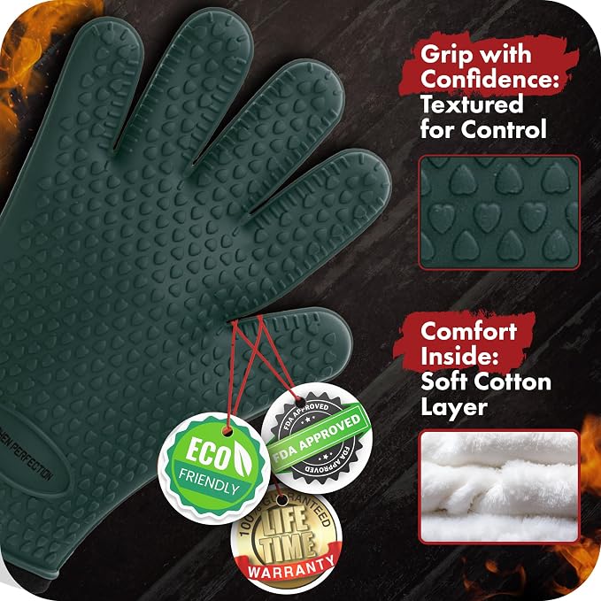 Kitchen perfection Silicone Smoker BBQ Gloves - Heat Resistant Oven Mitts | Waterproof, 5-Finger Design For A Better Grip, for Pitmasters, Meat Smoking, Grilling, Cooking, Frying Turkey | Grill Gift