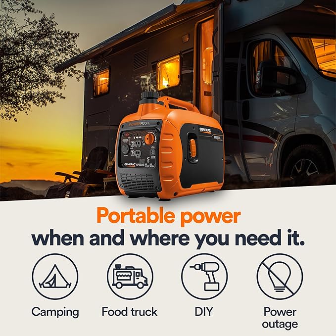 Generac 3,300-Watt Gas Powered Portable Inverter Generator - Lightweight and Compact - USB Ports for Device Charging - Produces Clean, Stable Power - Great for Home Backup, Camping, and RV Use