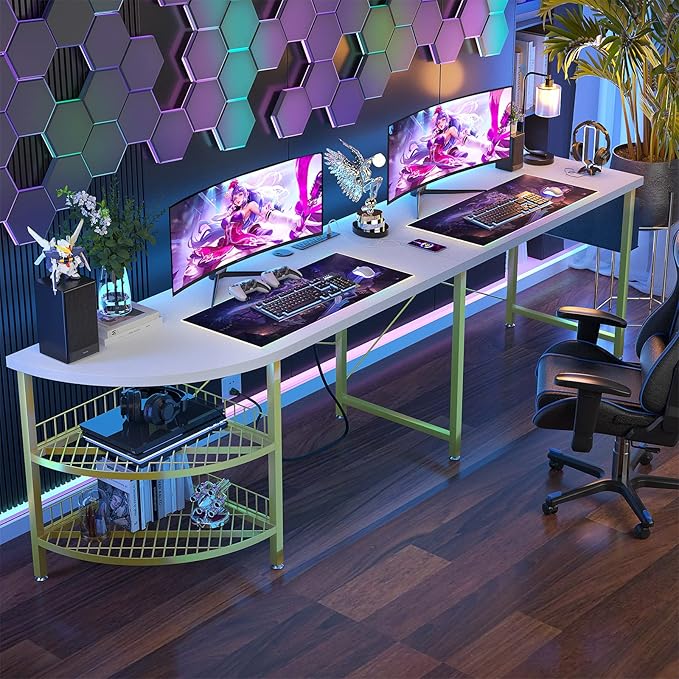 Unikito L Shaped Desk with Power Outlet, 98.4" Reversible Corner Computer Table with Storage Shelves and Bag, Modern 2 Person Large Long Desk for Home Office Writing Study Workstation, White