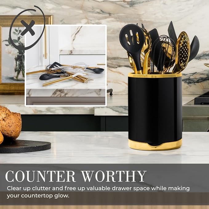 Styled Settings Black and Gold Cooking Utensils Set, 13-Piece | Kitchen Set with Black Ceramic Utensil Holder and Stackable Gold Spoon Rest - Luxury Kitchen Accessories for Stylish Cooking