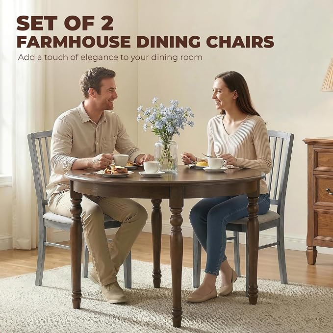 HOMCOM Farmhouse Dining Chairs Set of 2 Rubberwood Legs, Rustic Gray | Upholstered Linen Fabric, Kitchen Chairs, for Kitchen, Dining Room