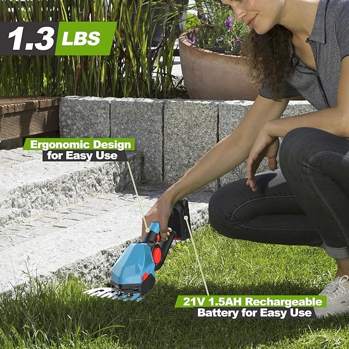 Cordless Hedge Trimmer,21v Electric Grass Shears & Shrub Trimmers,Handheld 2-in-1 Battery Powered Hedge Trimmer for Patio/Lawn, Gardening Tools, Included Charger (Blue-Red+1 * Battery)