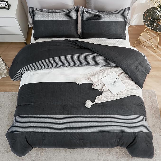 Litanika California King Comforter Set Black White Grey - 3 Pieces Cal King Oversized Lightweight Colorblock Stripe Bedding Set (104x96In, 2 Pillowcases)
