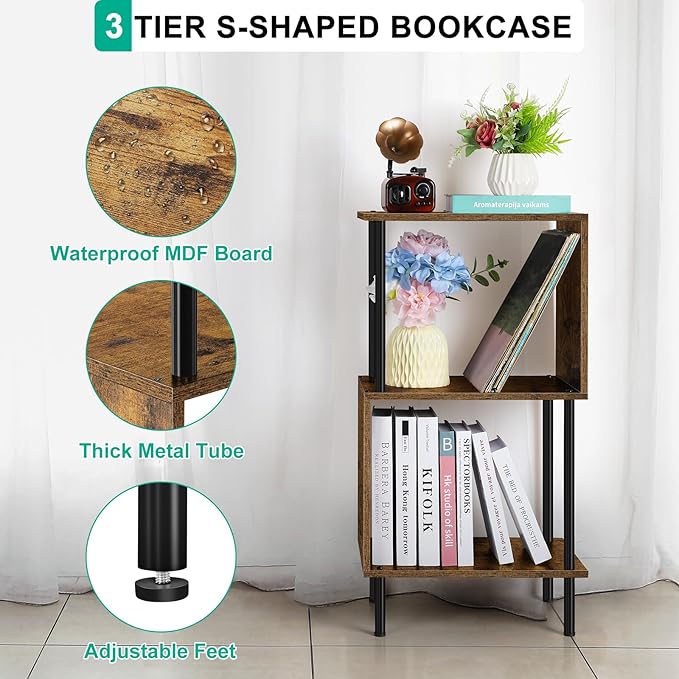 ETELI 3 Tier Short Bookshelf Narrow Standing Bookcase Shelf Small Bookshelf with Storage for Farmhouse, Living Room, Bedroom, and Home Office