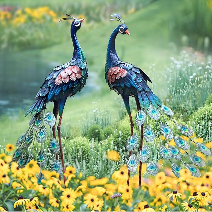 chisheen Garden Decor Outdoor Statues, Metal Peacock Decor for Outside, Garden Art Sculptures Standing for Patio Yard Lawn Home Decorations, Set of 2
