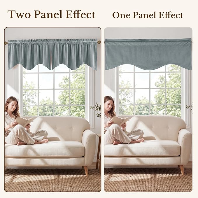Stone Blue Velvet Window Valance Scalloped 52x18 Inch 1 Panel | Soft Wavy Blue Scalloped Curtains for Small Windows, Modern Window Treatment for Bathroom, Laundry, RV
