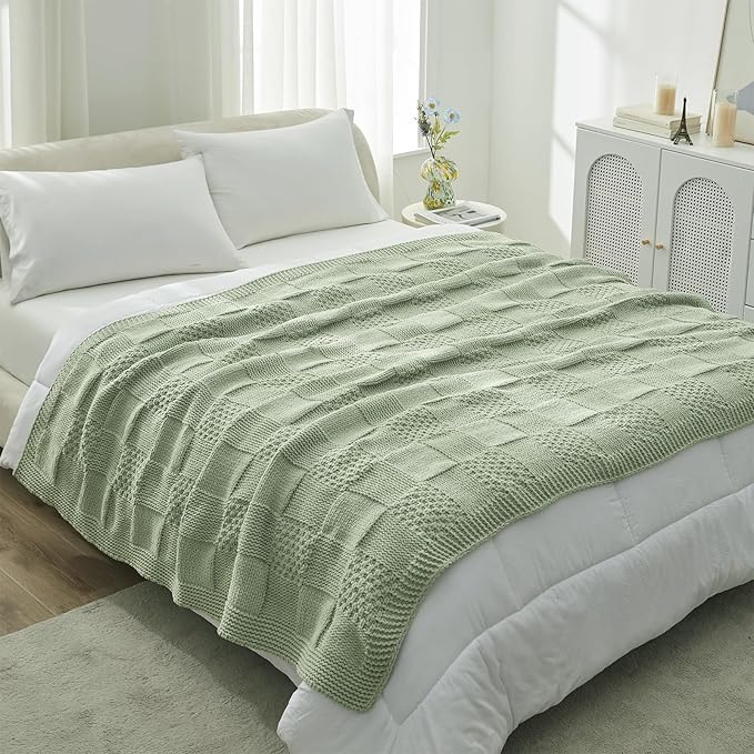 Amélie Home Chenille Knit Throw Blanket for Couch, Checkered Texture Decorative Soft Blanket for Sofa, Bed & Living Room, 50"x60", Sage Green