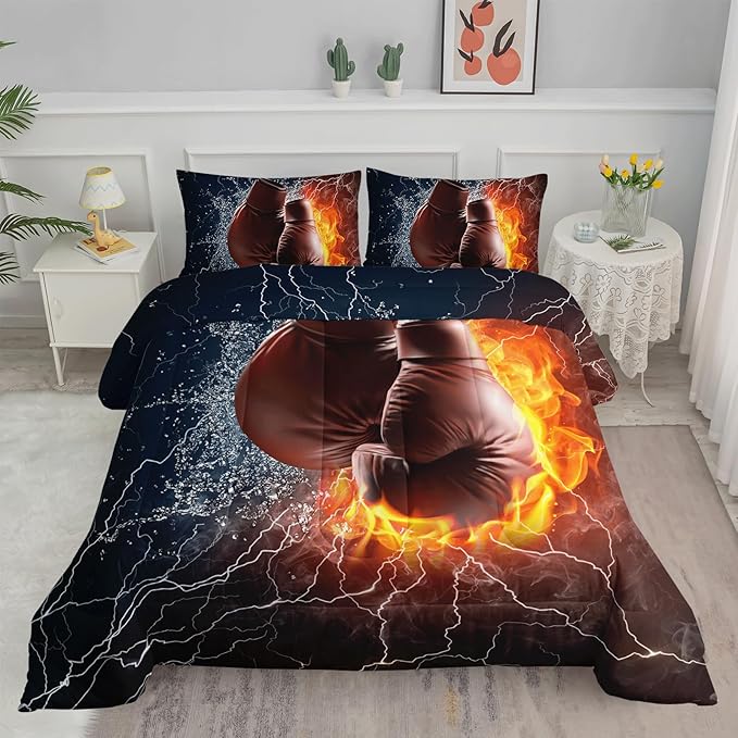 Axolotl Boxing Bedding Set Queen,Sports Theme Comforter Set Boxing Gloves Pattern Bedding Set,Red Blue Cool Lightning Comforter Pugilism Games Bedding Set For Kids Boys Teens Men,1 Quilt 2 Pillowcases