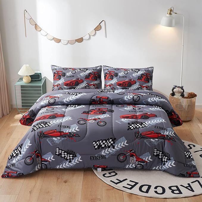 beeweed 2 Piece Kid Comforter Set Twin Size, Racing Car Bedding Set for Teen Boys Girls