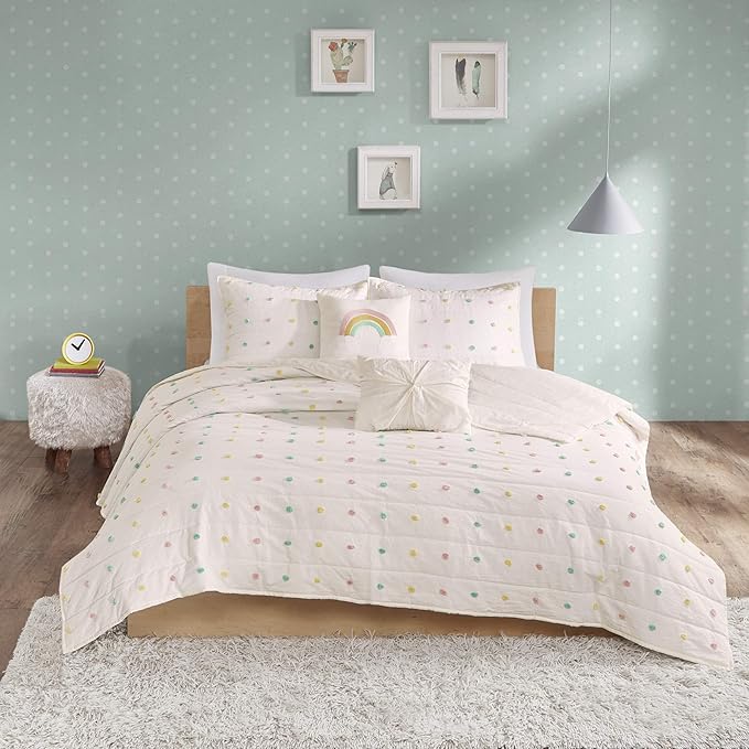 Quilt Set Cotton Jacquard Weave Colorful Poms Accent All Season Shabby Chic Bedding Coverlet Bedspred, Girls Bedroom Décor, Full Queen, Multi 5 Piece