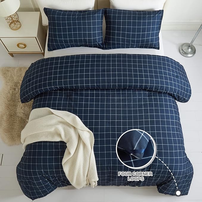 Andency Navy Grid Comforter Set Full Size (79x90 Inch), 3 Pieces(1 Grid Comforter and 2 Pillowcases), Summer Lightweight Microfiber Down Alternative Navy Comforter with White Lines