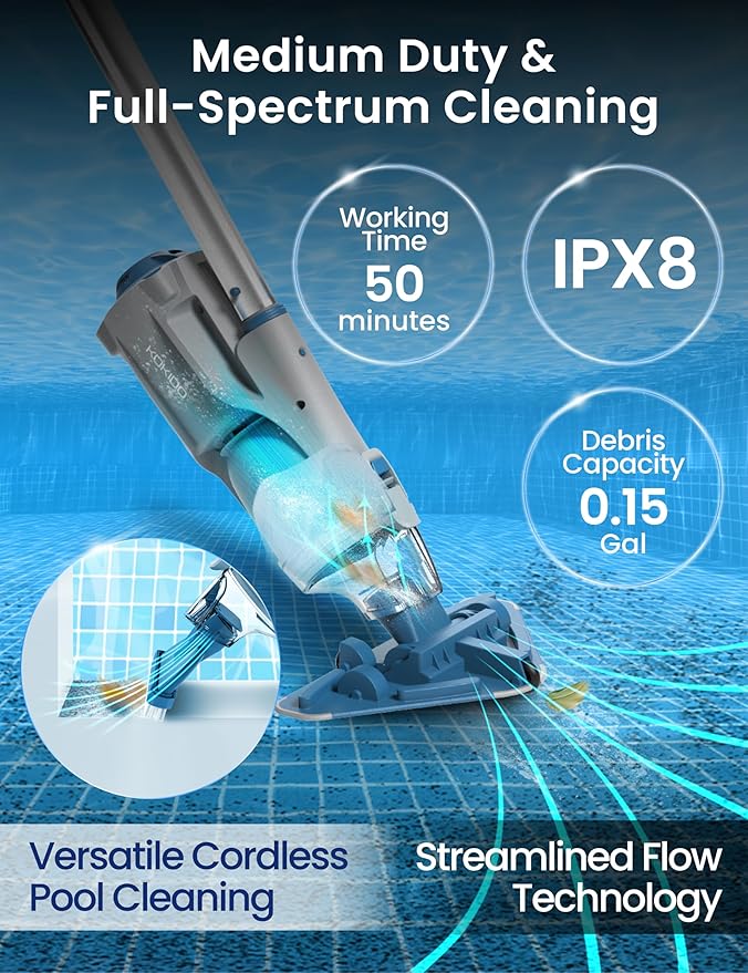 KOKIDO 2025 Cordless Pool Vacuum with 72” Pole, Standard & Fine Interchangeable Filters, Ideal for spot Cleaning, 2 Vac Heads, Spot Clean, for Small Above & Inground Pools, Spas Hot Tubs XV320