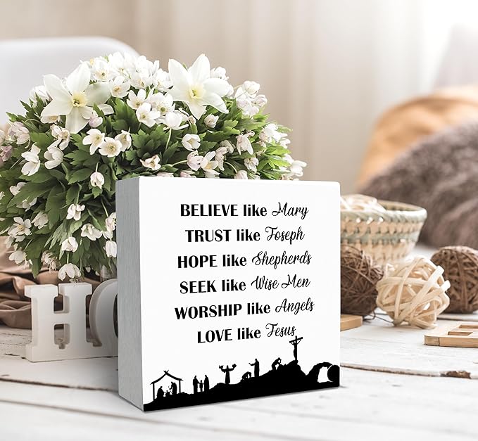 SRADMO Christian Signs for Home Decor, Inspirational Bible Verse Wood Box Sign Desk Decor, Bible Verse Decor, Christian Theme Wooden Block Box Sign Decoration for Home Office Shelf Table Decor