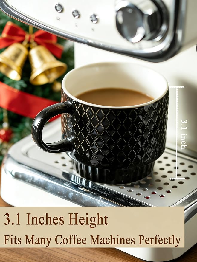 Gomakren Coffee Mugs Set of 4, 13oz Stackable Coffee Cups with Stand, Black | Gloss Embossed Stoneware, Gold Rack & Spoons | for Coffee, Milk, Tea, Cocoa, Daily & Gifting Use | Microwave/Dishwasher Safe