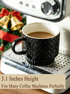 Gomakren Coffee Mugs Set of 4, 13oz Stackable Coffee Cups with Stand, Black | Gloss Embossed Stoneware, Gold Rack & Spoons | for Coffee, Milk, Tea, Cocoa, Daily & Gifting Use | Microwave/Dishwasher Safe