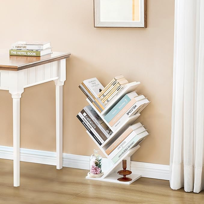 Hoctieon 4 Tier Tree Bookshelf, Small Bookcase, Free Standing Tree Bookcase, Bookshelf for Bedroom, Book Shelf Organizer, Small Bookshelf, White