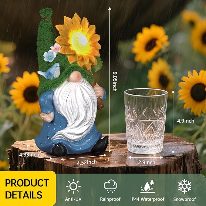 Solar Gnome with Glowing Sunflower Light,Weatherproof Resin Garden Figurine Decor Auto On/Off - Fairytale Statue Gift for Patio,Yard & Gifts