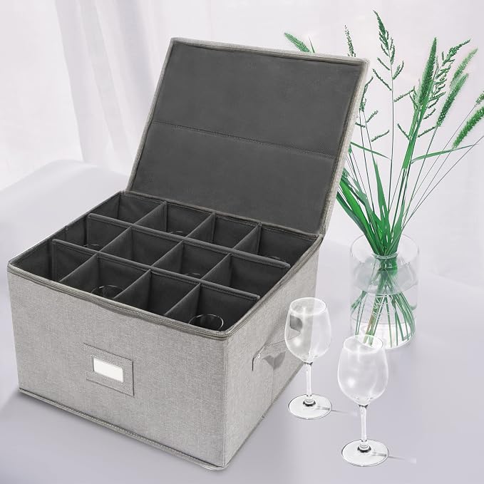Stemware Storage Cases, Wine Glass Storage Box Containers with Dividers | Stackable China Storage Containers for 12 Wine Glasses, Drinkware, Glassware or Crystal (Light Grey)