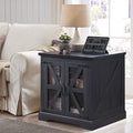 JXQTLINGMU Farmhouse End Table, 24" Large Sofa Side Table with Charging Station, Mesh Barn Door, and Adjustable Storage Shelf, Rustic Wood Square Nightstand for Living Room, Bedroom, Office, Black