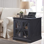 JXQTLINGMU Farmhouse End Table, 24" Large Sofa Side Table with Charging Station, Mesh Barn Door, and Adjustable Storage Shelf, Rustic Wood Square Nightstand for Living Room, Bedroom, Office, Black