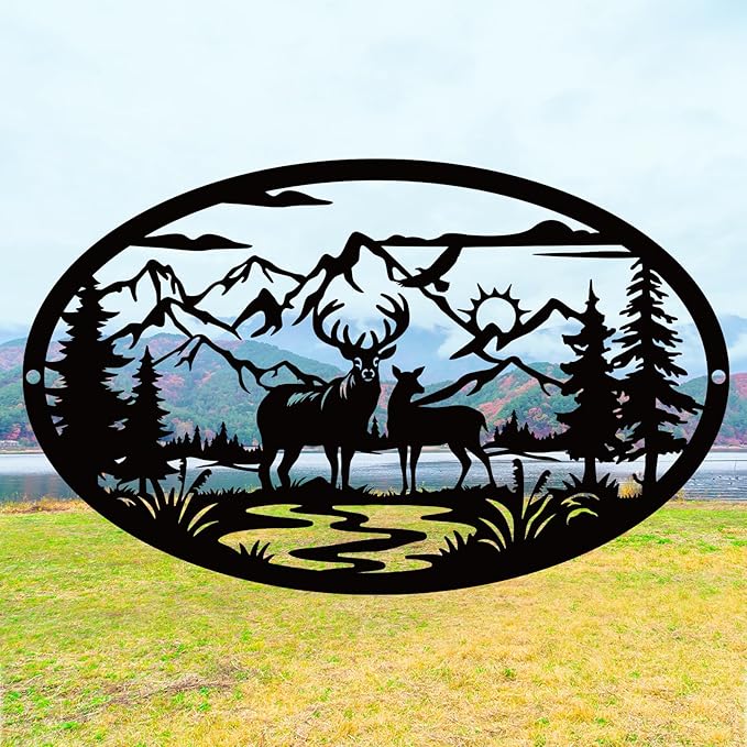 Rustic Metal Deer Cabin Sign, Christmas Gift for Living Room,Welcome Sign, Deer Outdoor Metal Wall Art, Great Gift for Hunters, Cabin Deco