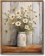 XOCUUI Vintage Canvas Wall Art, Modern Gallery Decor Print White Daisy Flower With Leaf In Bottle Theme Picture Artwork For Walls Ready for Kitchen Bedroom Decor Size 11x14