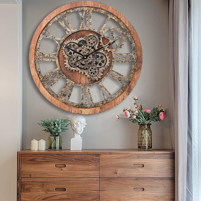 HOIBAI Large Wall Clock, Wall Clocks for Living Room Decor 20 Inch Farmhouse Vintage Rustic Kitchen Wall Decor Vintage Roman Oversized Wall Clock for Home Bedroom House, Moving Gears Clock