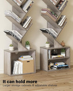 SUNMORY 6 Tier Tree Bookshelf, Tall Bookcase with Storage Cabinet, Modern Narrow Bookshelves Organizer, Floor Standing Book Shelf for Bedroom/Living Room/Home Office/Corner, Grey