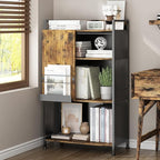 4 Tier Large Bookshelf with Storage Cabinet, Metal Industrial Bookcase Storage Organizer with Sliding Door, Open Standing Shelf Unit for Bedroom, Living Room, Home Office, Rustic Brown