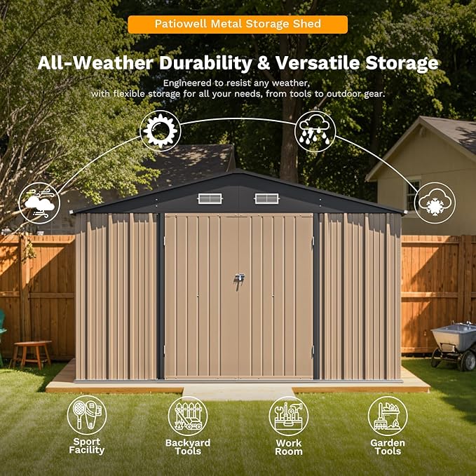 Patiowell 10 x 12 FT Metal Storage Shed for Outdoor, Steel Yard Shed with Design of Lockable Doors, Utility and Tool Storage for Garden, Backyard, Patio, Outside use,Brown