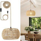 Rattan Boho Hanging Light,12.6'' Natural Hand Woven Fabric Drum Light,Plug Into Wall Outlet Pendant Light Fixture On/Off Switch for Dining,Living Room,Bedroom,Kitchen,Hallway Entryway, Without Bulb