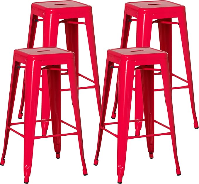 4-pcs 30-inch Backless Metal Bar Stool Stackable Heavy-Duty Counter-Height Chair for Home Bars Patios Kitchen Islands Cafes Restaurants Bistros and Dining Areas for Indoor & Outdoor, Red