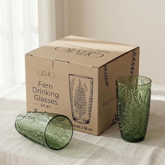 Green Drinking Glasses Set of 4, 16 oz Glass Cups, Vintage Fern Glassware | Hand-Pressed, Dishwasher Safe, Boho Leaf-Textured Drinkware, Embossed Highball Tumblers for Water, Retro Kitchen Gift