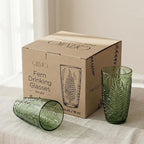 Green Drinking Glasses Set of 4, 16 oz Glass Cups, Vintage Fern Glassware | Hand-Pressed, Dishwasher Safe, Boho Leaf-Textured Drinkware, Embossed Highball Tumblers for Water, Retro Kitchen Gift