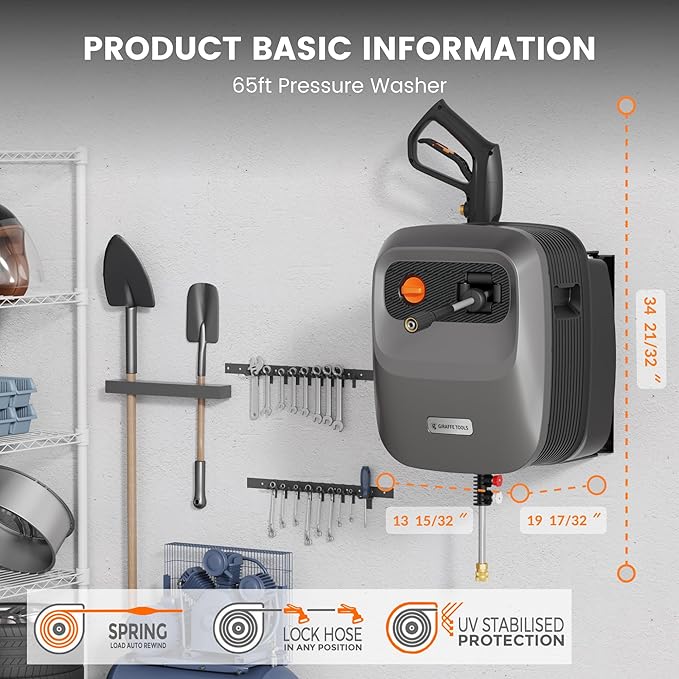 Giraffe Tools Grandfalls Retractable Pressure Washer G20, 2500 PSI 2.2 GPM, 180° Wall Mounted Power Washer, Auto-Retract with 65FT Hose Reel, 5 Nozzles for Floor/Cars/Fences/Patios, Dark Silver