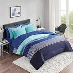 Comfort Spaces Full Comforter Sets with Sheets - Bed in a Bag 9 Pieces Teen Bedding Sets Full, Navy and Grey Stripes Bedding Full, College Full Bed Set, 2 Side Pocket Bedroom Organizer Full Navy
