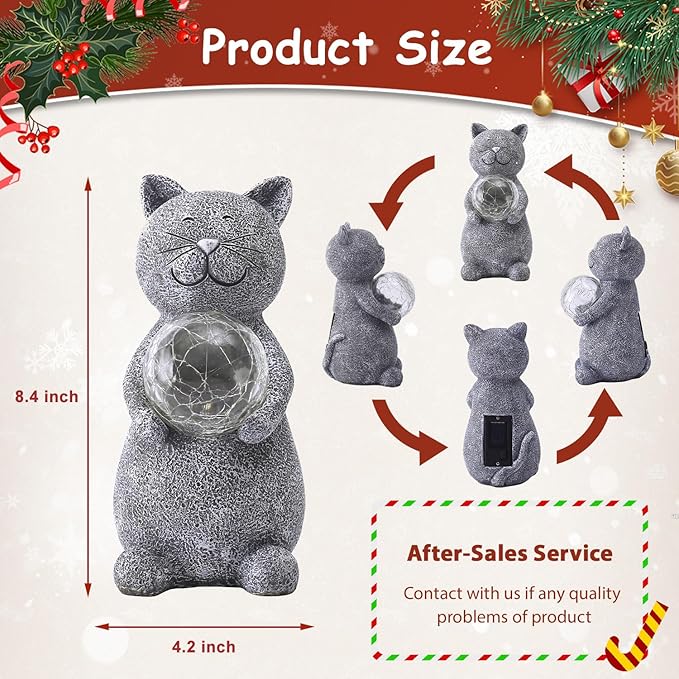 Solar Cat Statue Garden Decor - Cat Lover Gifts, with Gazing Solar LED Lights Ball Cats Decoration for Garden Yard Patio Lawn Balcony - Gifts for Mom Grandma (Gray)