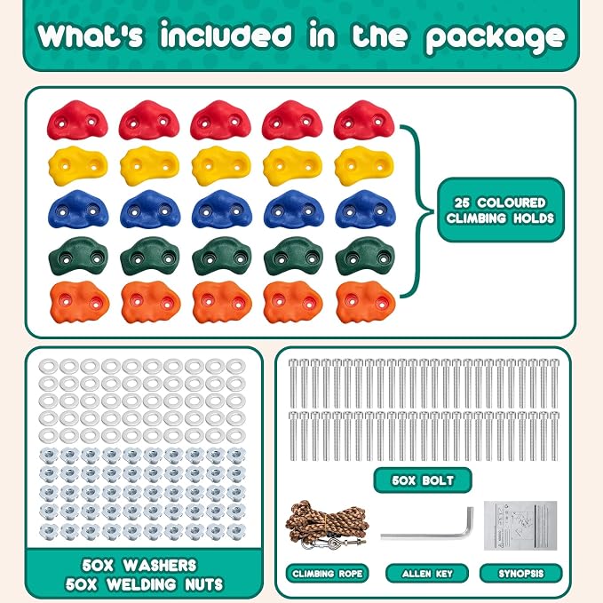 CMOOD Rock Climbing Holds, Rock Climbing Wall for Kids Rock Wall Climbing Kit for Indoor Outdoor Playground Play Set with Mounting Screws, Knotted Rope and 25 Handles