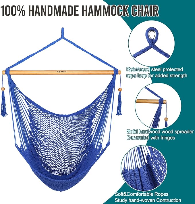 JoyView Hammock Chair with Spreader Bar Caribbean Hammock Swing Chair 300 LBS Weight Capacity XL Rope Hanging Chair for Outdoor Indoor Garden Yard - Blue
