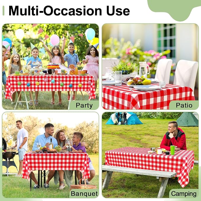 4 Packs Buffalo Disposable Table Cloth, 54 x 108 Inch Waterproof Plastic Tablecloth, Rectangle Red and White Checkered Table Covers for Picnic, Birthday, Party, Back to School