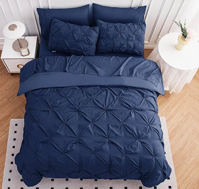 LANE LINEN Twin Comforter Set, 5 Piece Twin Bedding Sets for Boys, Pintuck Twin Size Bed Set, Pinch Pleated Twin Bed in a Bag Set, Twin Bed Comforter Set with Sheets, Pillowcase & Sham - Navy Blue
