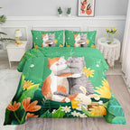 Datura home Cute Cat Kids Comforter Bedding Set for Boys Girls, Watercolor Cat Forest Rabbit and Flower Print Comforter with 2 Pillowcases(Cute Cat Twin)