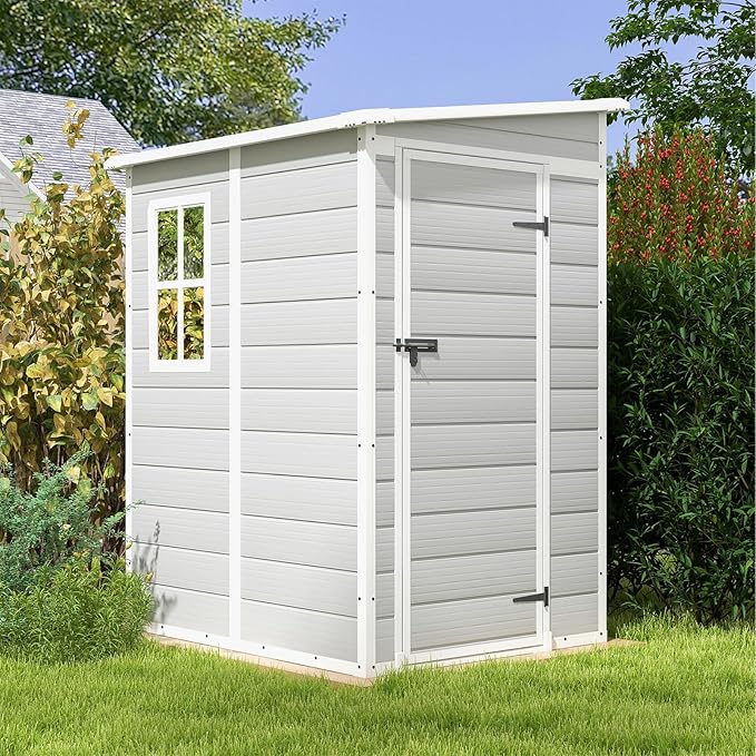 Patiowell 5x4 FT Outdoor Storage Shed, Resin Storage Shed with Floor & Lockable & Window Door for Patio Furniture, Garden Tools and Bicycle, White & Grey