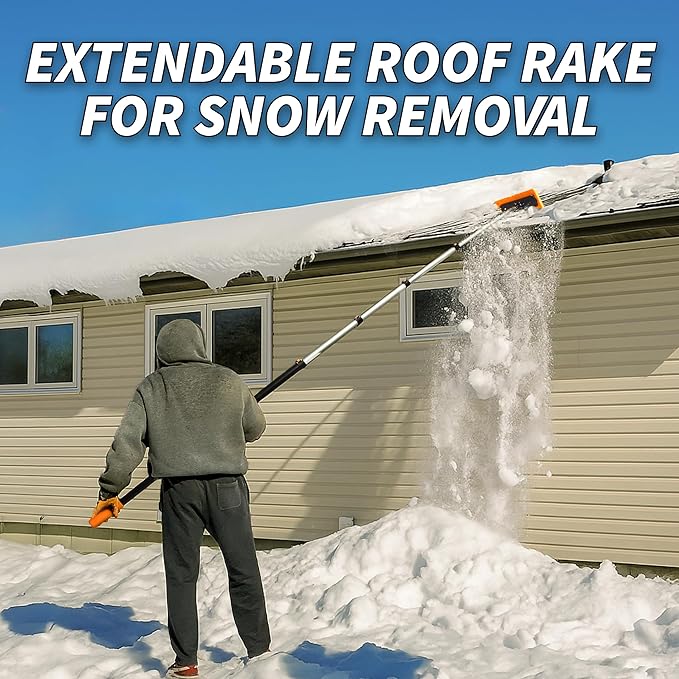 5-30 ft Telescoping Snow Roof Rake // High Reach Solar Panel Snow Removal Tool for Roofs, RVs & Cars // Heavy Duty Snow Rake for House Roof // 13.6" Scratch-Free Soft Foam Blade // Push Pull Design