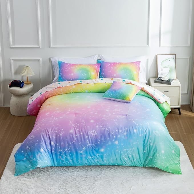 Btargot 6 Piece Tie Dye Constellation Comforter Set Bed in A Bag, Galaxy Rainbow Stars Pattern Bedding Set for Boys Girls Teen, Queen Multi